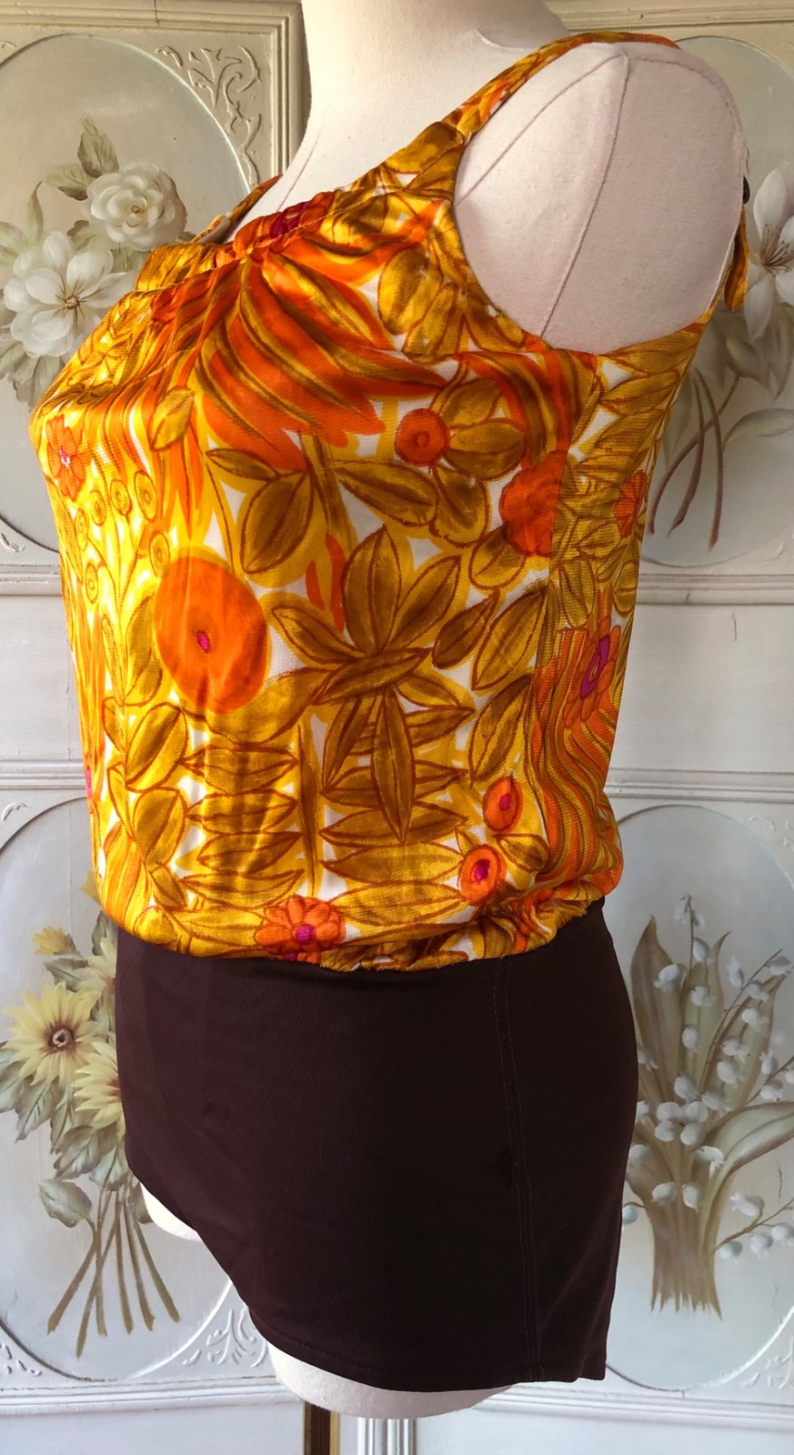 VTG 60s CATALINA CALIFORNIA USA TIKI YELLOW BROWN SWIM BATHING SUIT 1-PIECE 14