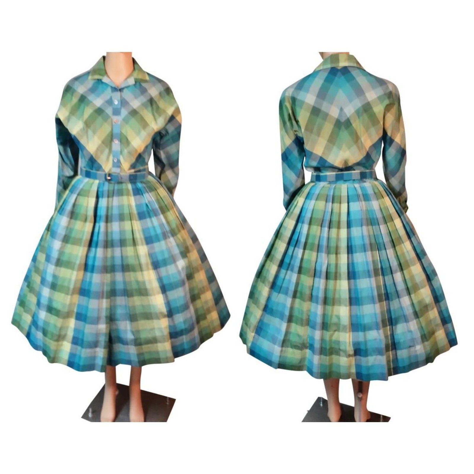 Blue & green 1950s Vintage Serbin Shirtwaist fit & flare bias plaid cotton dress