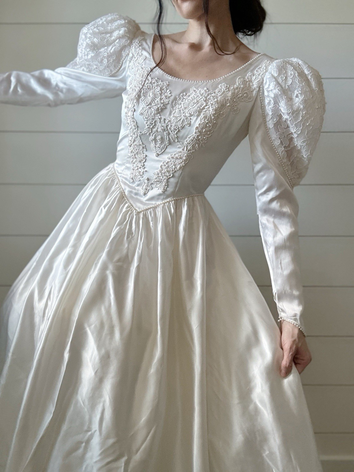 Vintage Wedding Dress 1980s Satin Princess Cut Ballgown Beadwork Train Lace