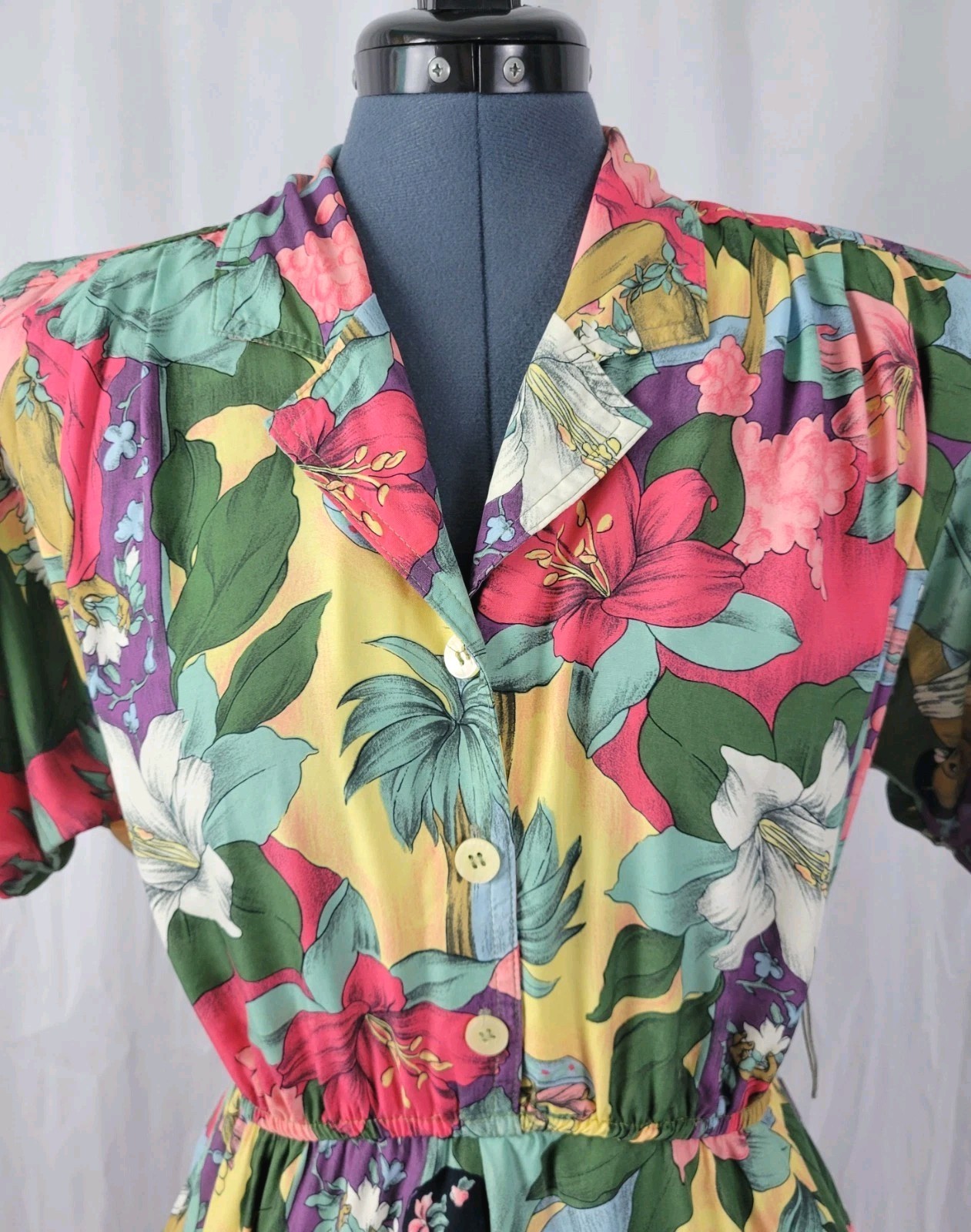 Vtg Carol Anderson Multicolor Floral & Lady Printed Blouson Dress Size S/M?