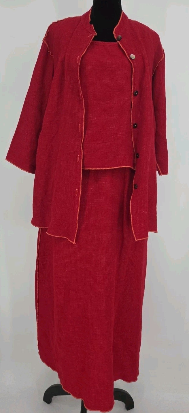 Click By Color Me Cotton 3 Pc Linen Skirt Set Red Maxi Skirt M Tank XS Jacket M