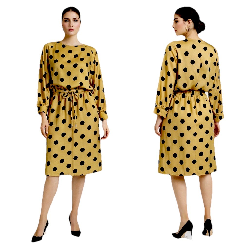 Vtg 80s Gold/ Black Silk Polka Dot Raglan Sleeve Drawstring Waist Dress Sz 4