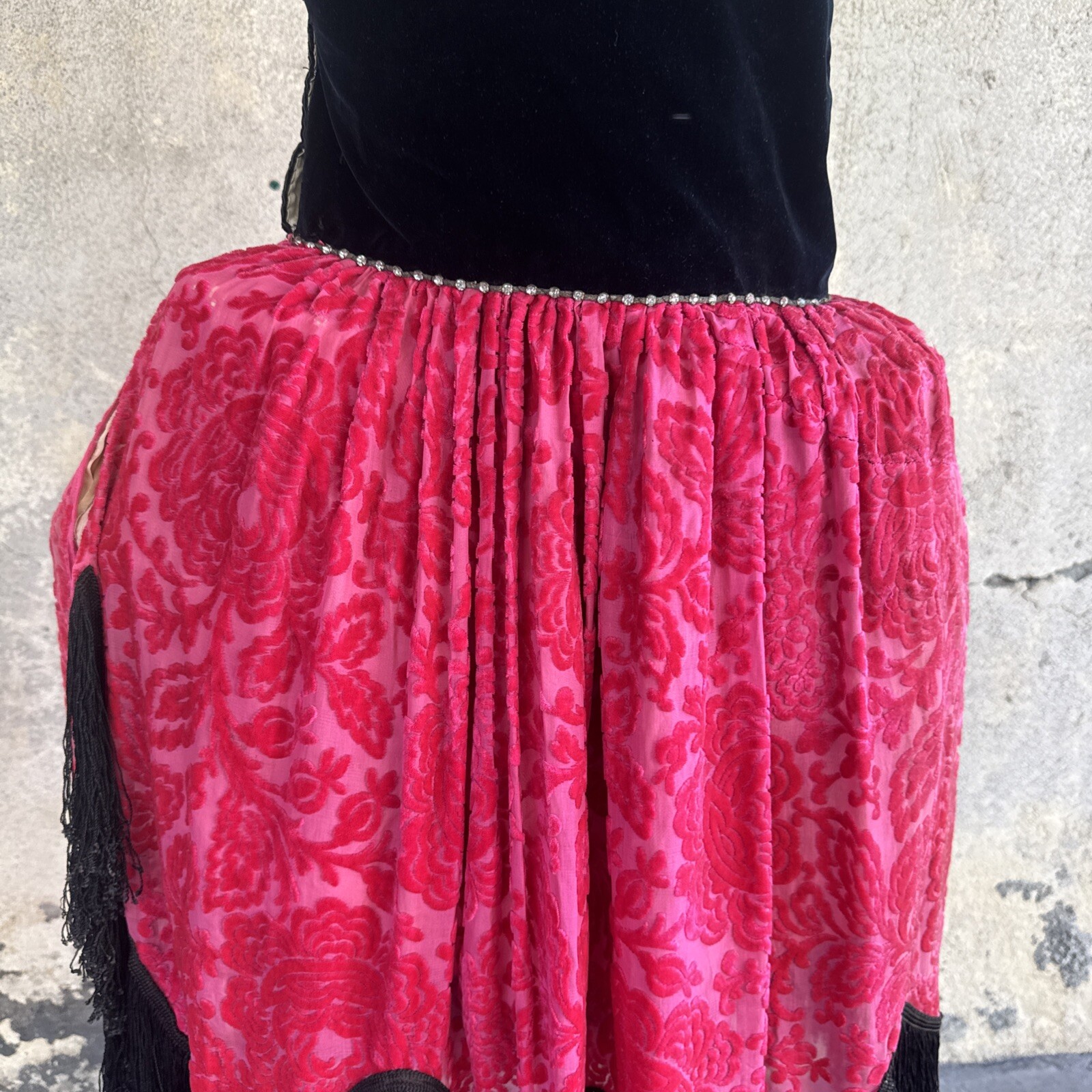 Antique 1920s Robe De Style Stage Dress Pink Devore Velvet Fringe Rhinestone VTG