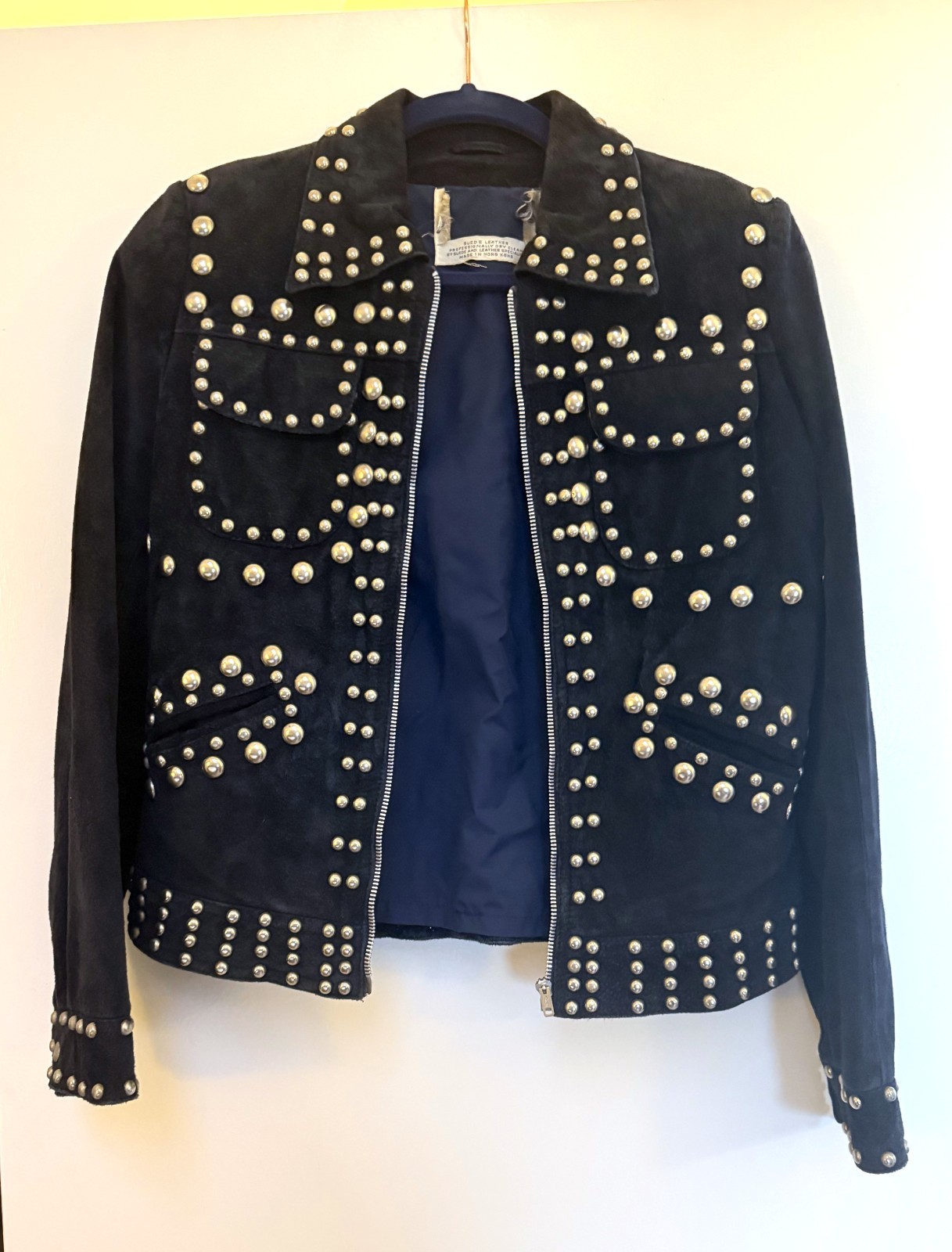 Vintage Roncelli Silver Studded Blue Suede Rock Glam Zip Up Jacket Kate Moss