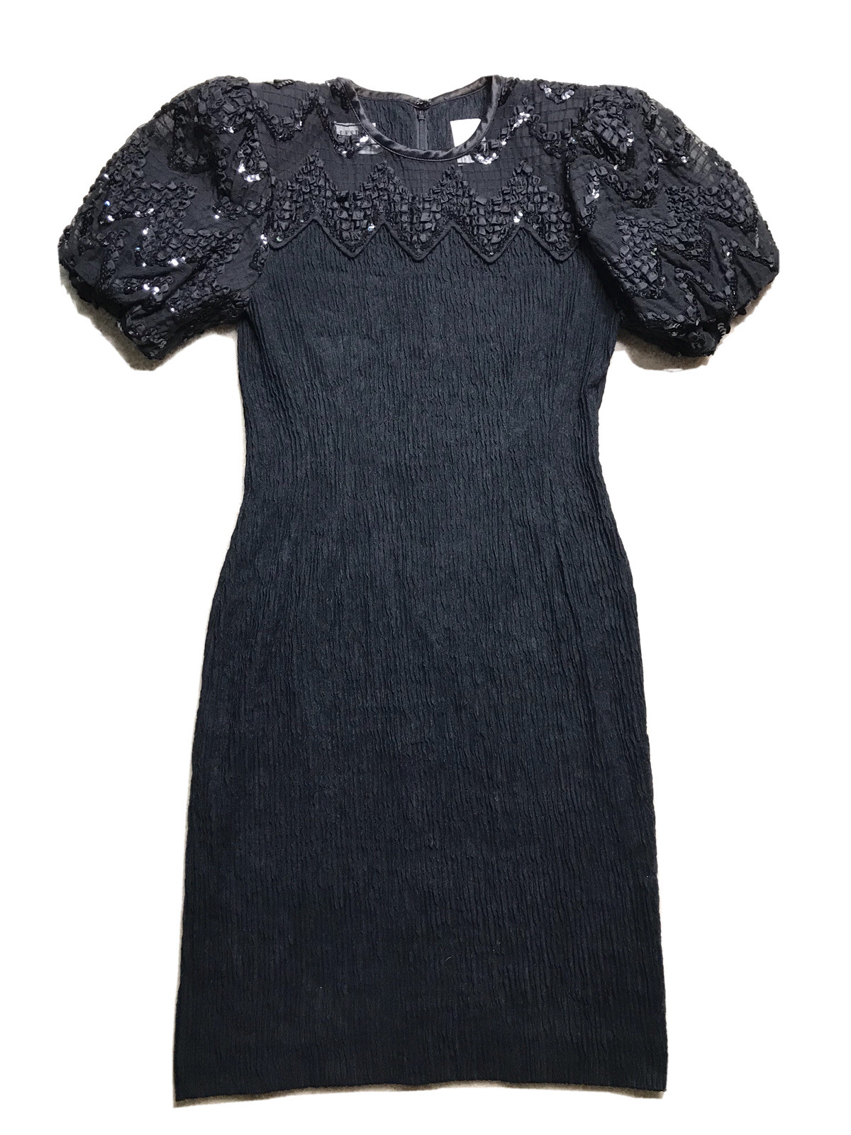 Vintage 80s Leslie Fay Petite Smocked Sequin Black Dress Short Sleeve 4 P Small