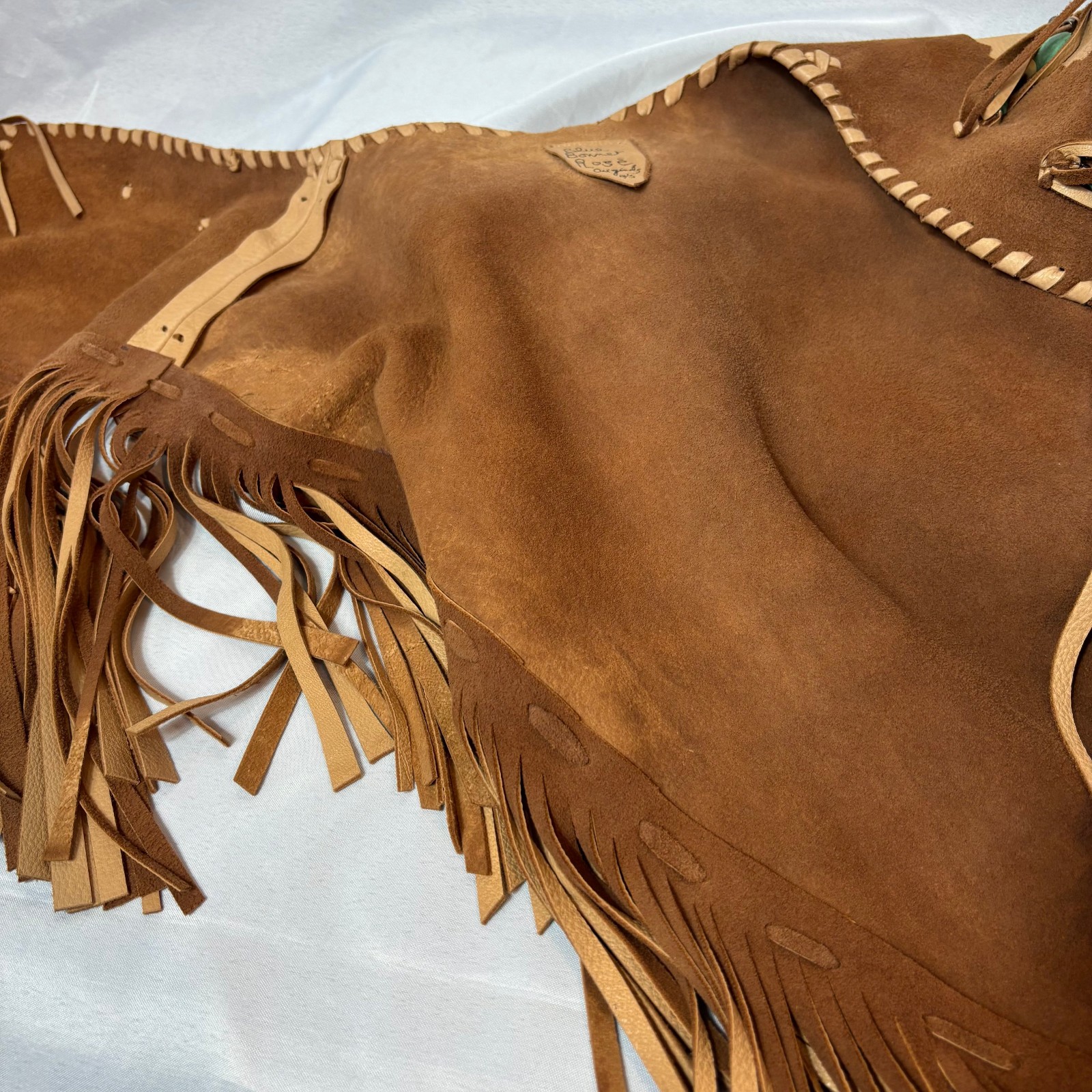 Blue Bonnet Rose Leather Brown & Tan Vest Fringed Turquoise Beads Boho Western
