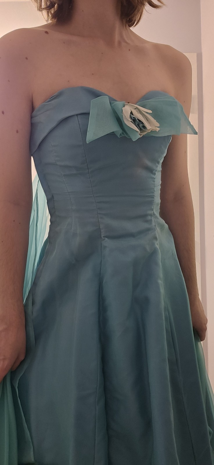 Vintage 1950s Strapless Teal Aqua Blue Green Prom Dress