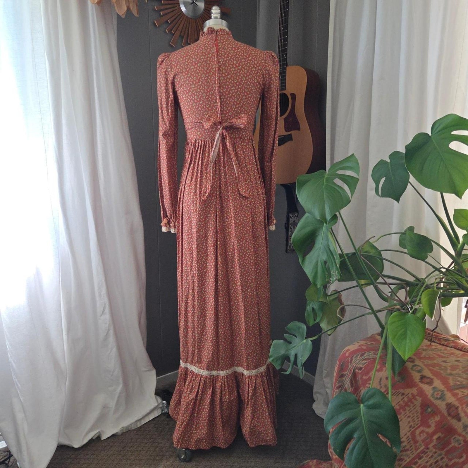 Homespun Vintage 70s Prairie Maxi Dress Size 7 S Floral Calico Orange Boho