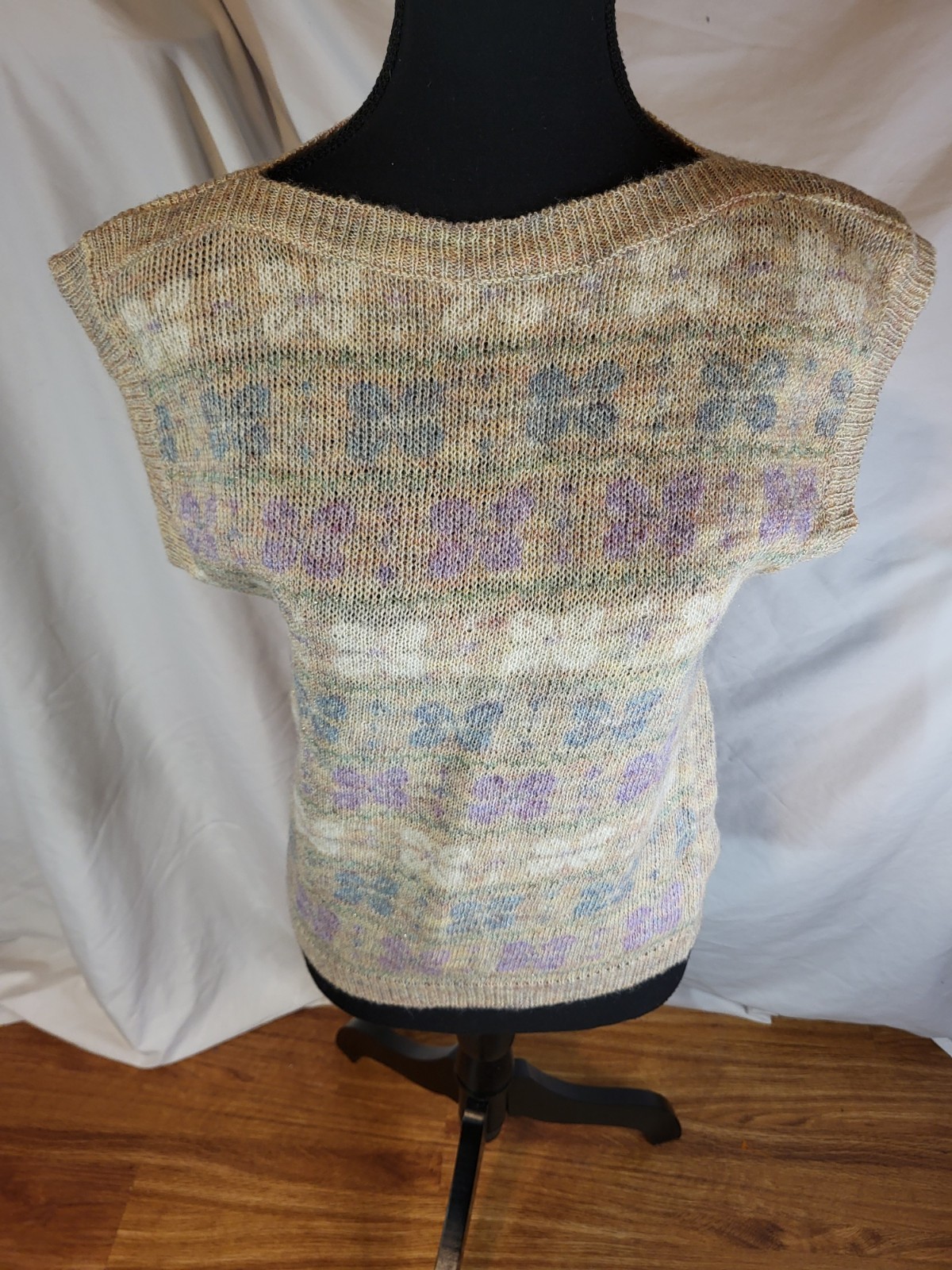 Vintage Evian Size M Ramie Blend Beige Butterfly Design Womans Sweater Vest