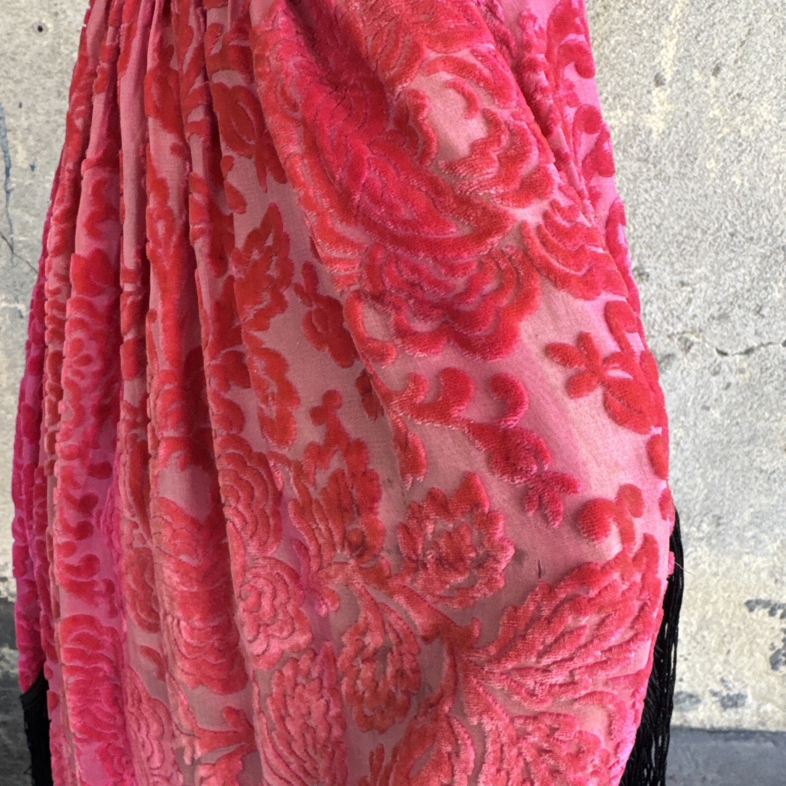 Antique 1920s Robe De Style Stage Dress Pink Devore Velvet Fringe Rhinestone VTG