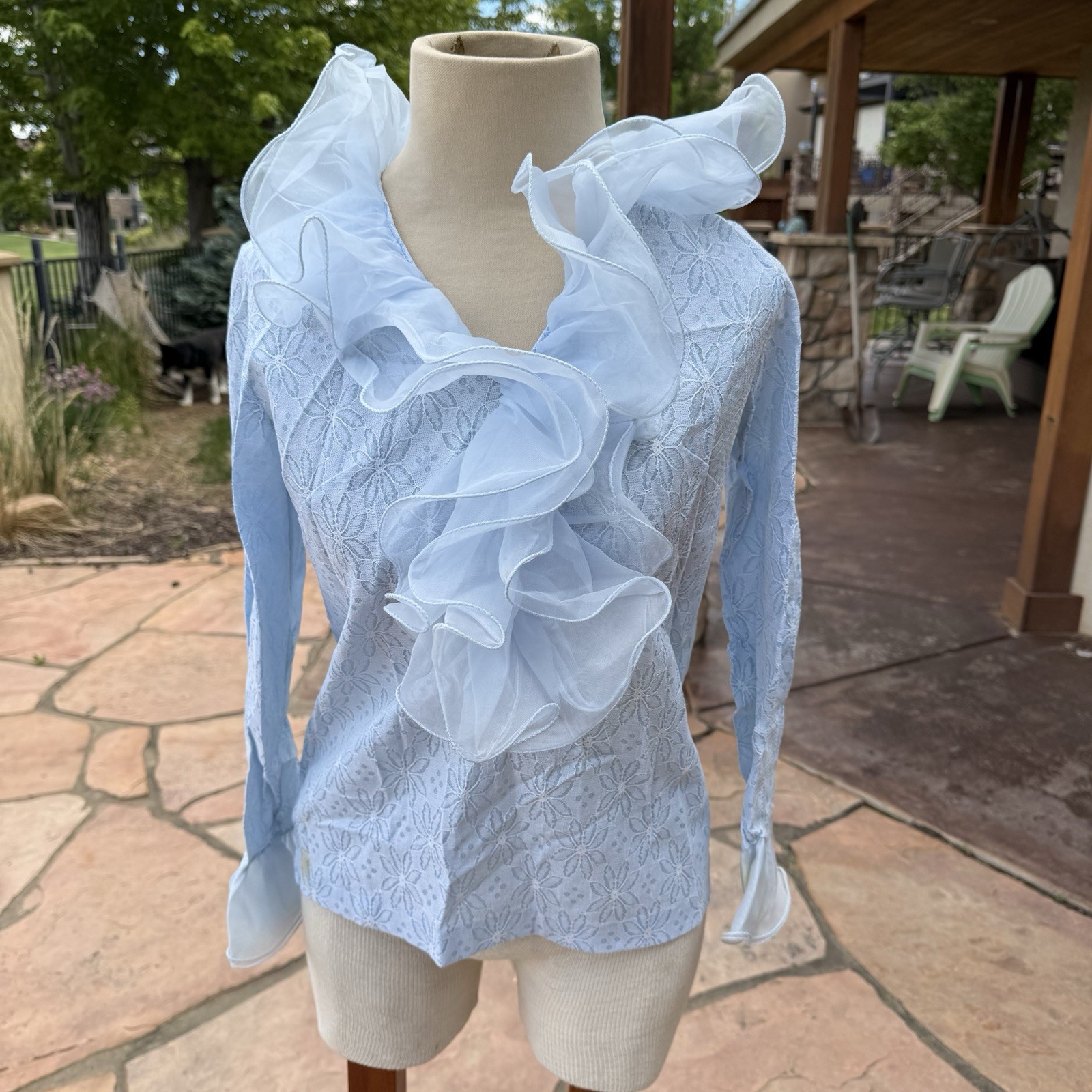 Vtg 70s Powder Blue Lace Eyelet Tuxedo Blouse Dramatic Ruffle Blouse see pics