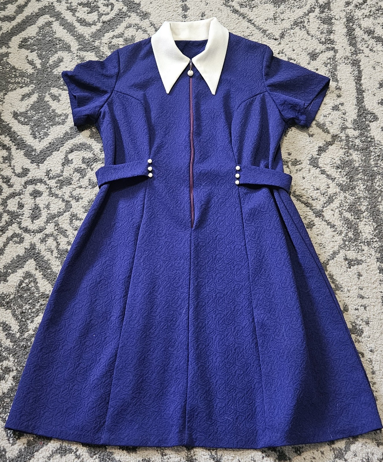 Vintage 1970s Indigo White Point Collar Zip Front Dress Size L