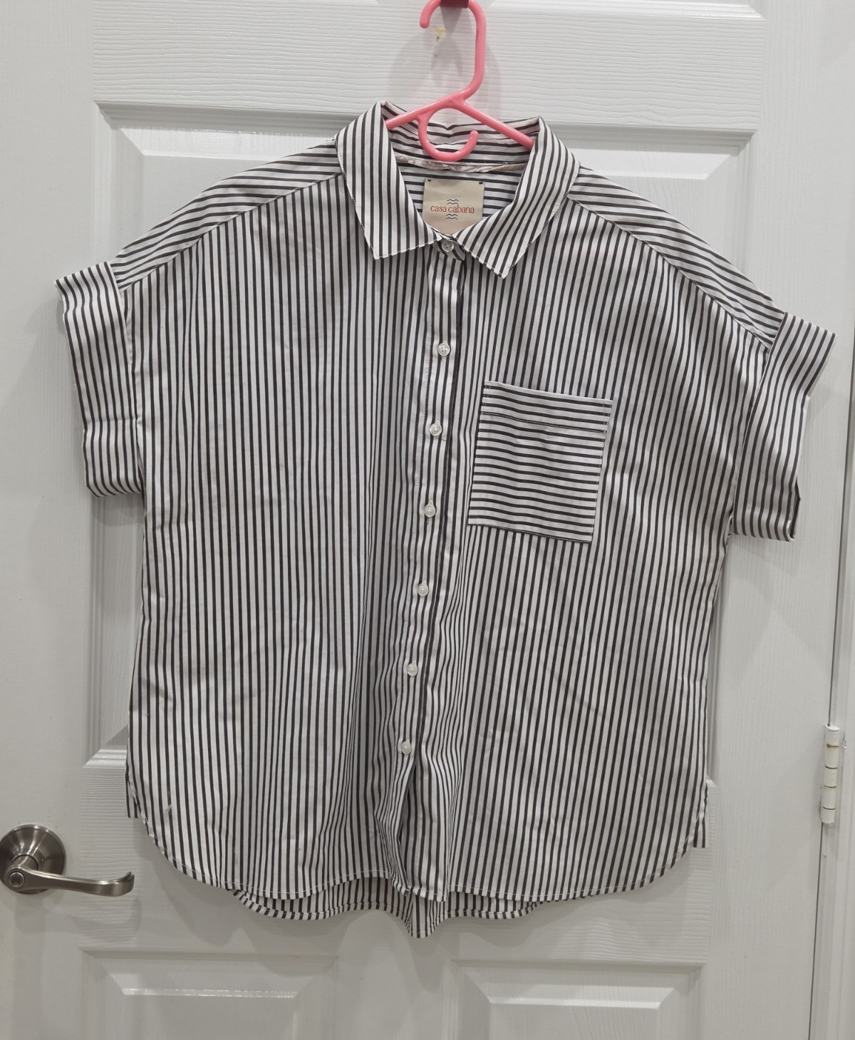 Casa Cabana Men’s Black & White Striped Short Sleeve Point Collar Pocket L