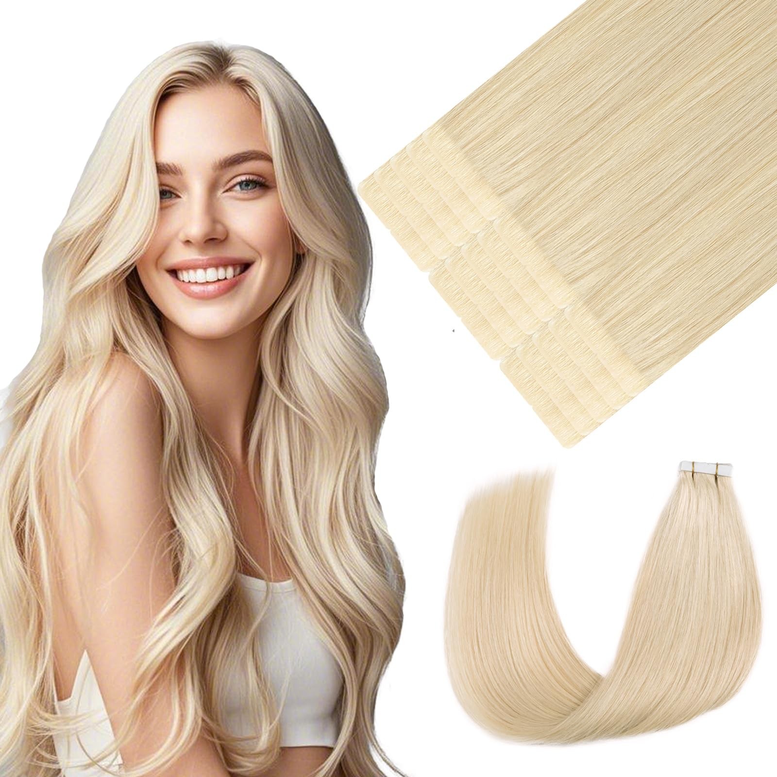 Youngsmile Platinum Blonde Hair Extensions Tape-in 20pcs 14in Human Hair 30g