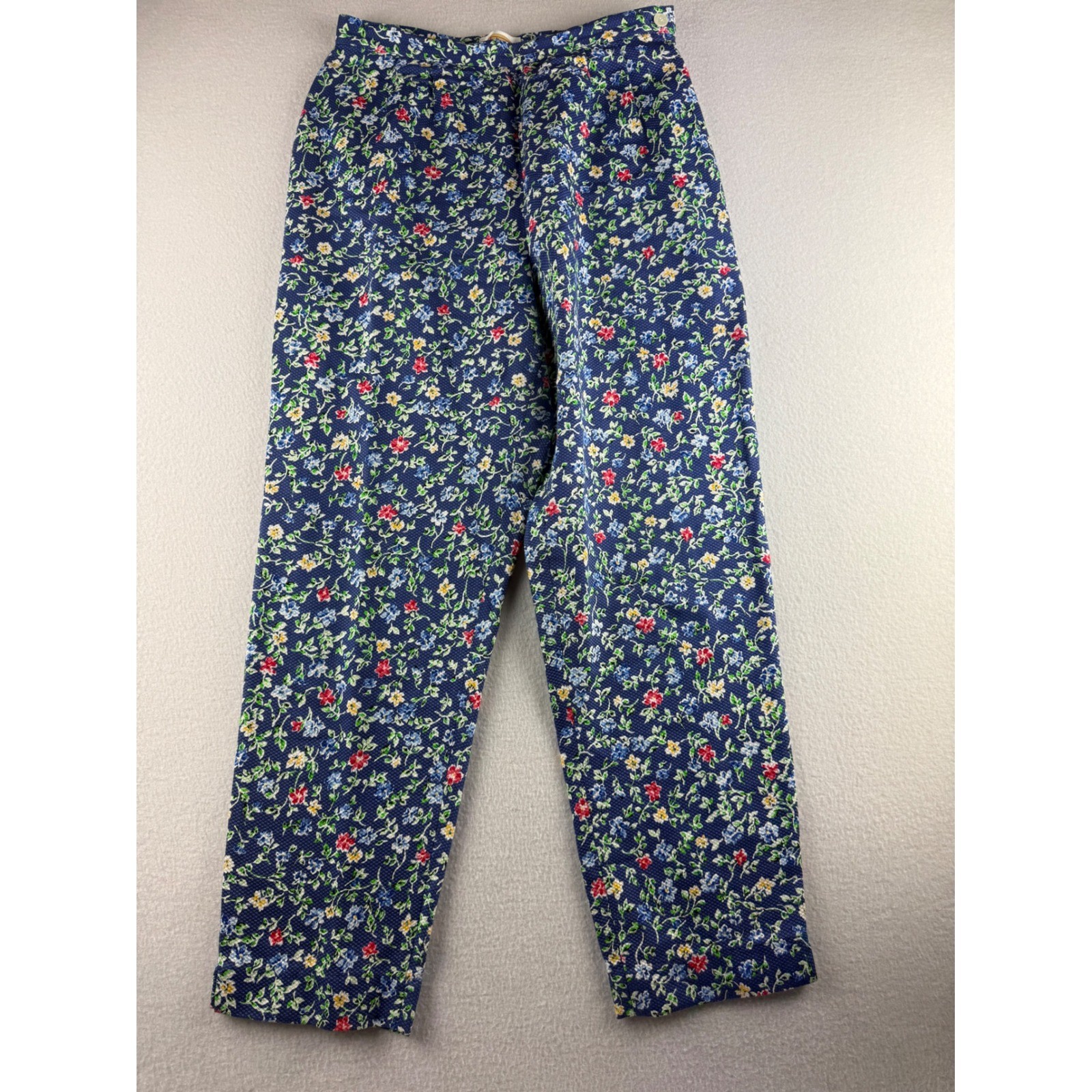 Talbots Petites Vintage 90s Floral Cotton Pique Pants Navy Blue Straight Leg 10P