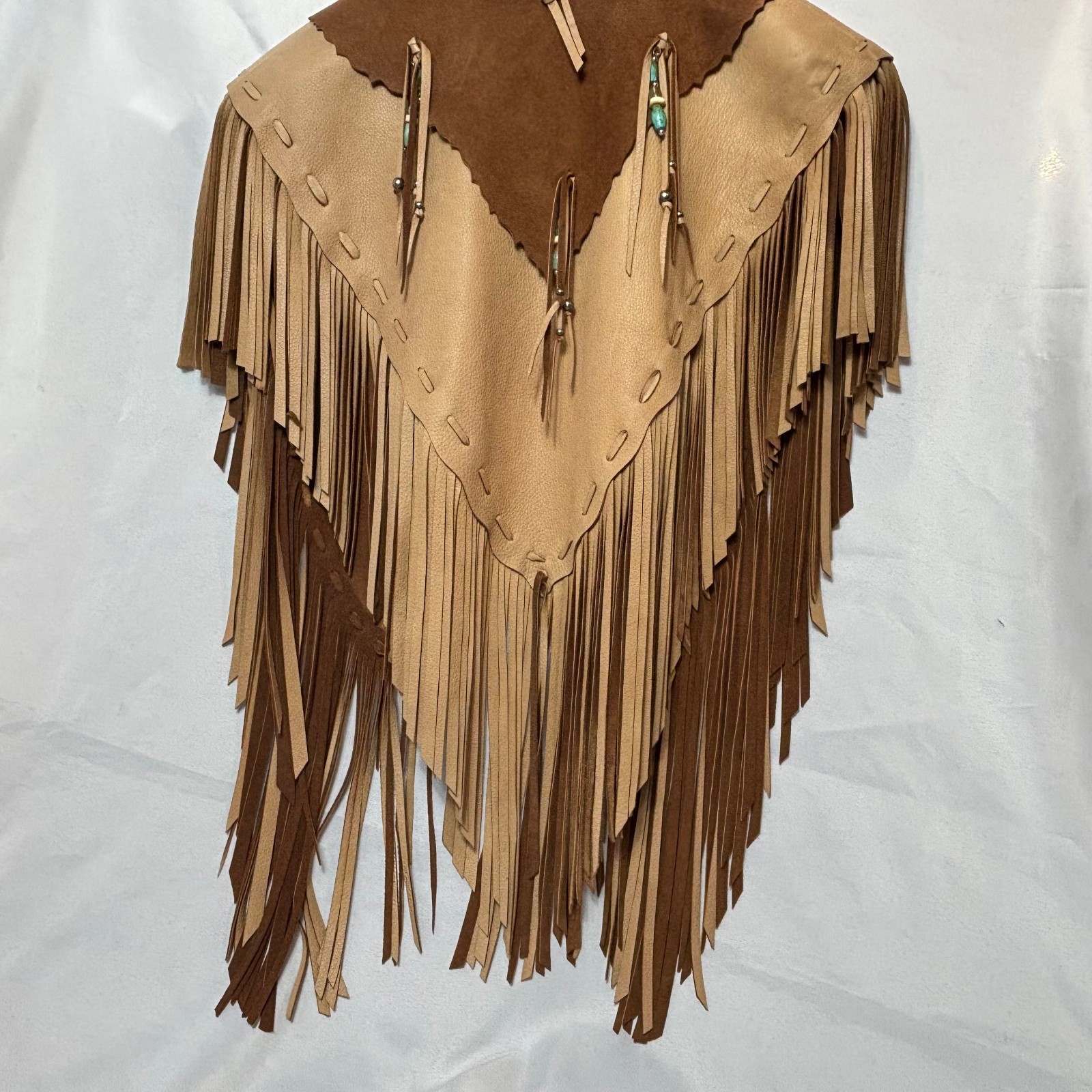Blue Bonnet Rose Leather Brown & Tan Vest Fringed Turquoise Beads Boho Western