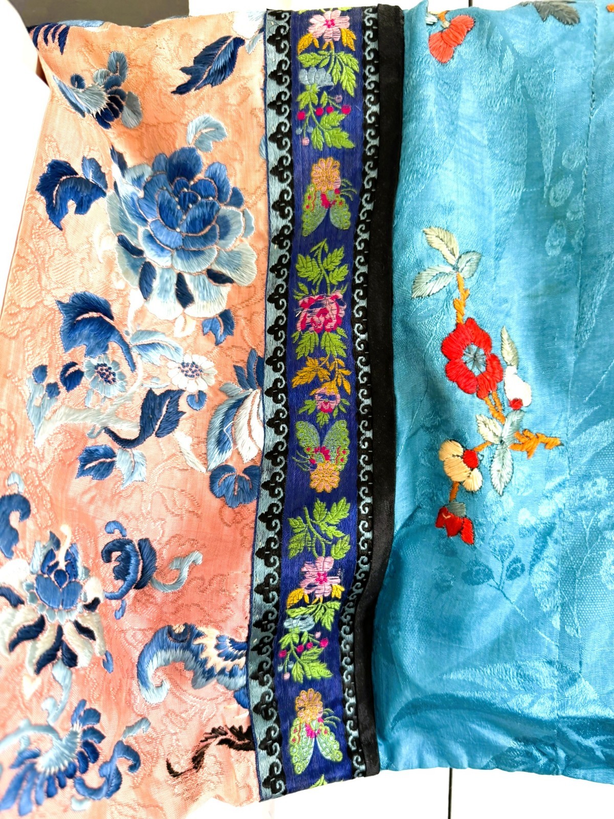 1920s 2pc Chinese Silk Satin Embroidered Blue and Peach Floral Robe Pants Set