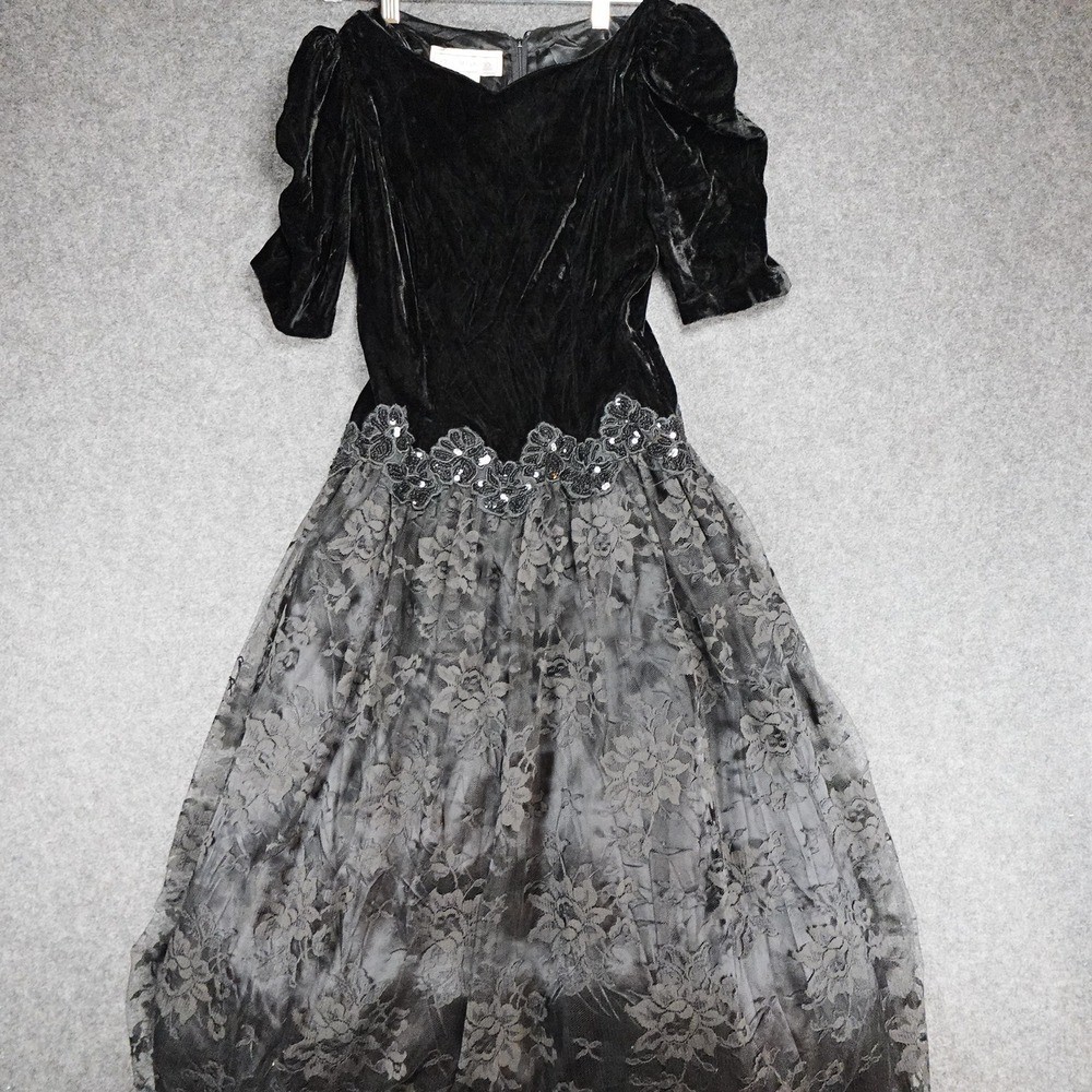 Vtg Scott McClintock Dress Size 6 Black Velvet Lace Wednesday Witchycore Midi