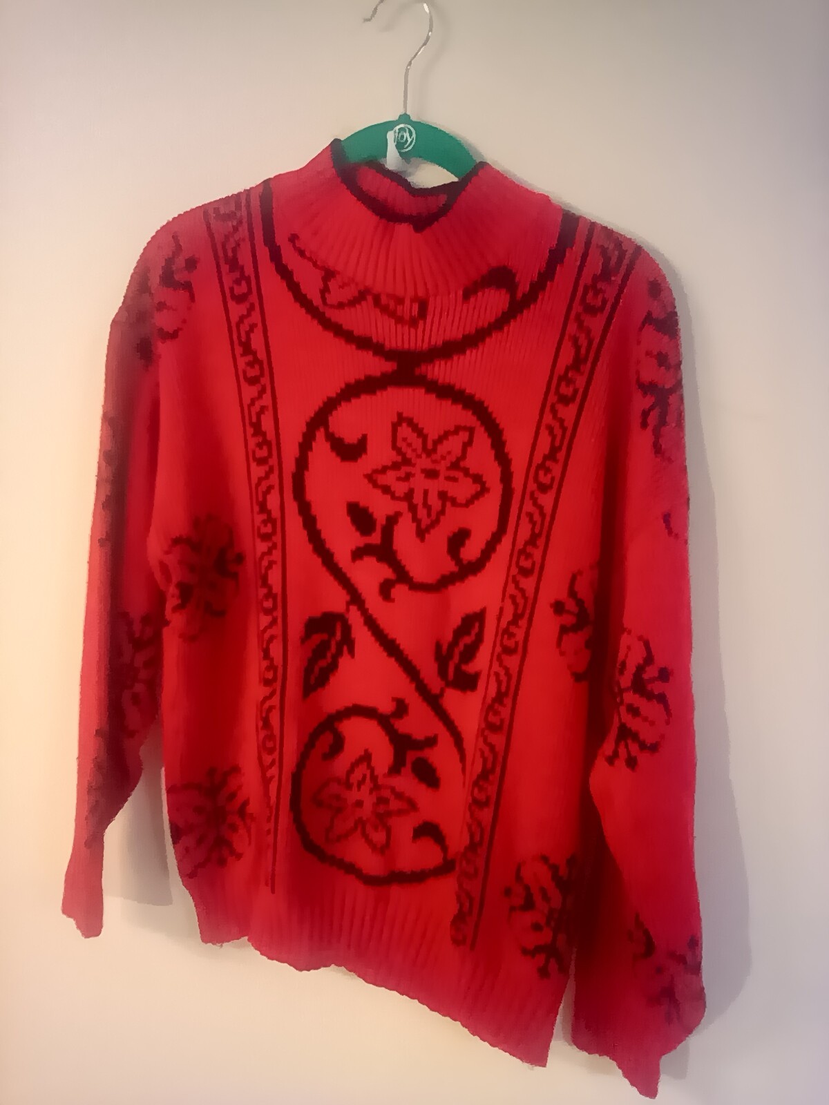 Vtg Rose brand red sweater knit black floral pattern M acrylic long sleeve
