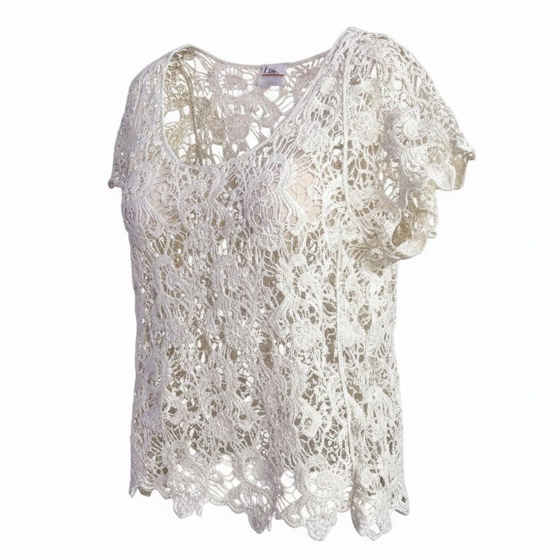 Vintage Crochet Top M Cream 100% Cotton Cottagecore Boho Romantic Shabby Chic
