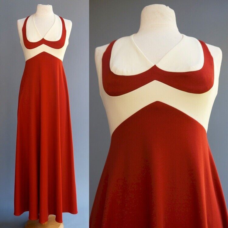 VTG 70s Disco Maxi Dress Heart Shaped Bodice Full Skirt Copper Beige Stunning M