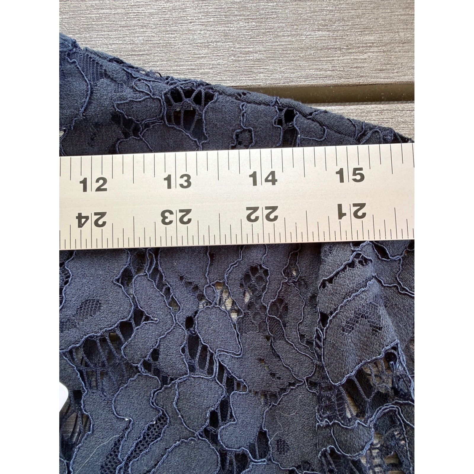 Lace navy cocktail wedding guest dress cap sleeves, illusion neckline, lg