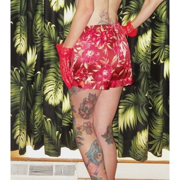 Vintage Red & Pink Floral Pajama Shorts L pinup retro sleepwear bottoms
