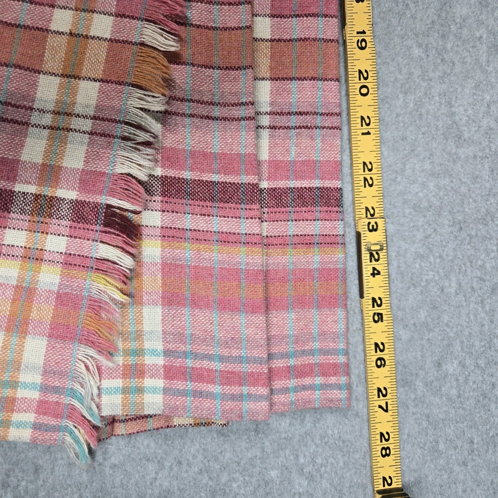 Vintage Present Co Wool Pleated Wrap Midi Skirt Size S Pink Cream Plaid Fringe