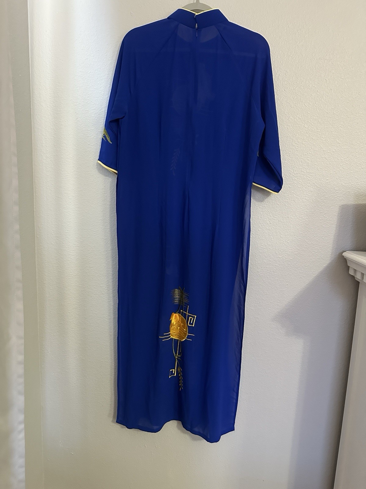 Vintage Inspired Sheer Blue Asian Dress Size 52 – Embroidered Gold Floral Design