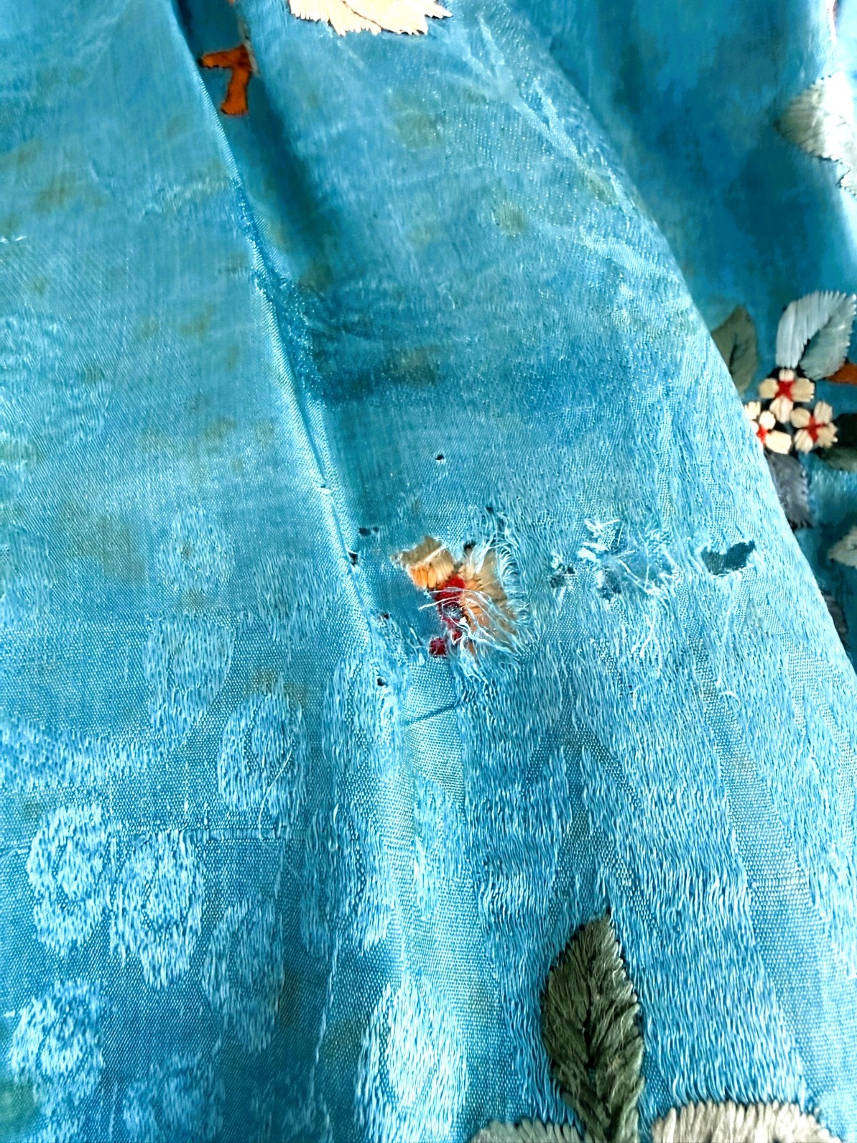 1920s 2pc Chinese Silk Satin Embroidered Blue and Peach Floral Robe Pants Set