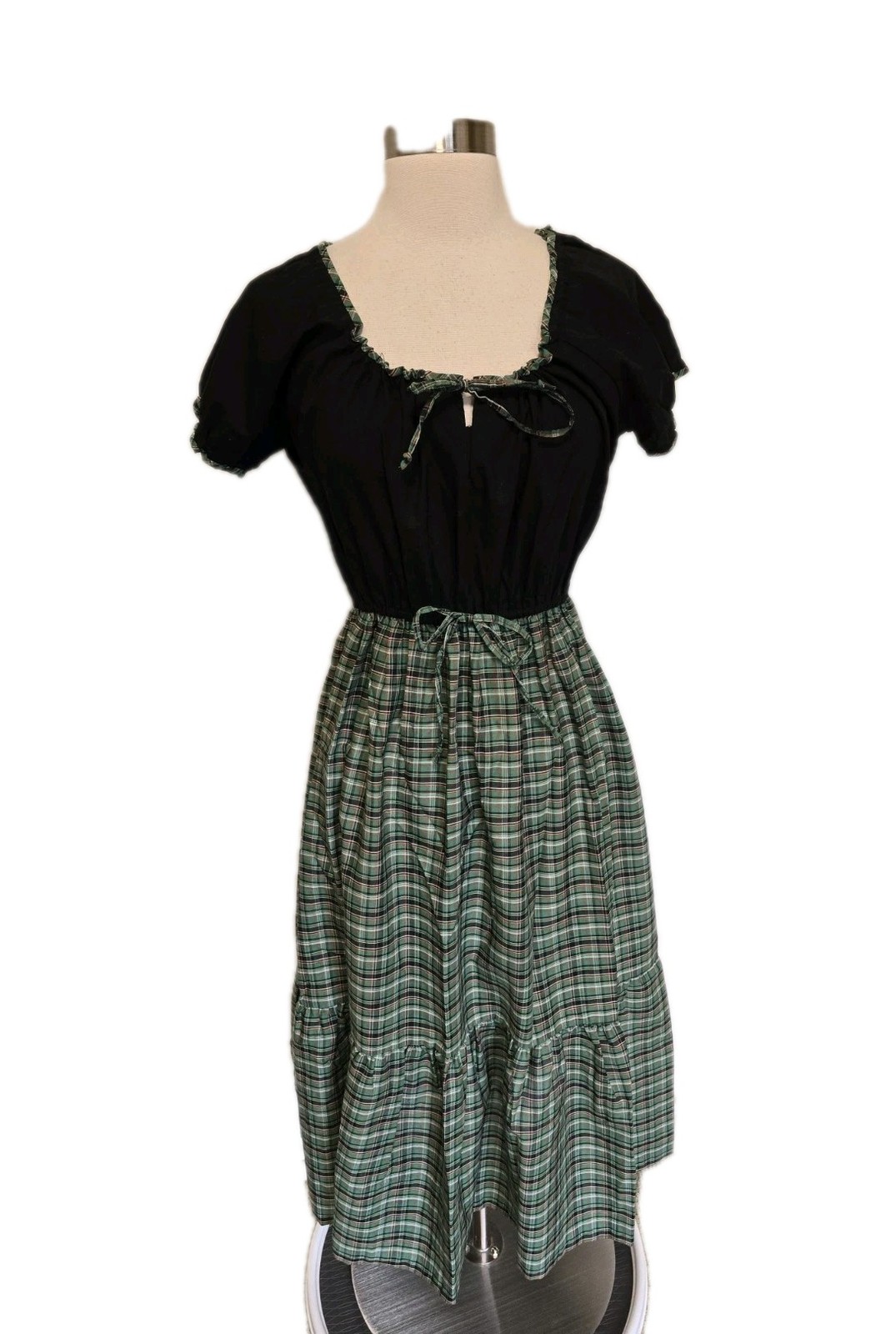 1960s 70s Vintage Womens Dress High Waist Green Plaid Schoolgirl Cinch Tie Bust