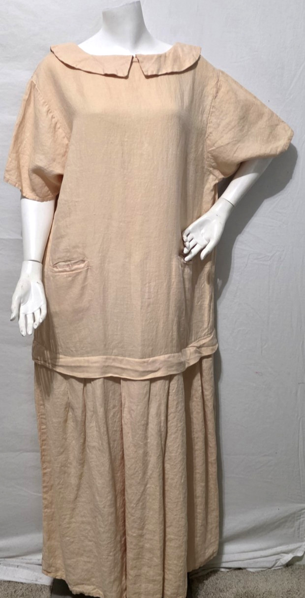 Vtg Flax by Angelheart L Dress Long Tan Linen Drop Waist Short Sl Lagenlook ’90s
