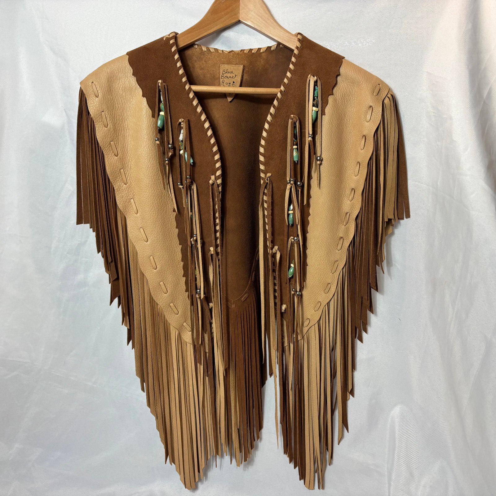 Blue Bonnet Rose Leather Brown & Tan Vest Fringed Turquoise Beads Boho Western