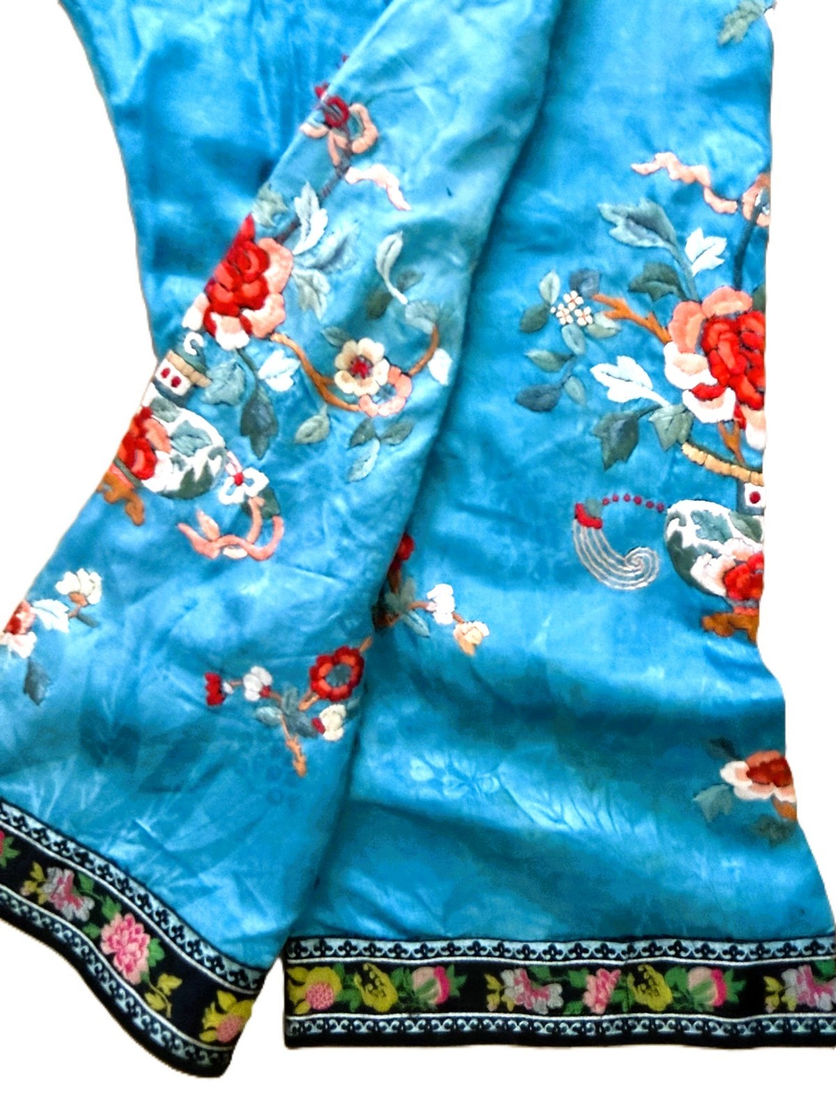 1920s 2pc Chinese Silk Satin Embroidered Blue and Peach Floral Robe Pants Set