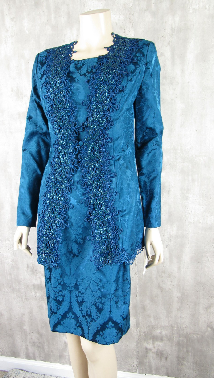 Vintage Scott McClintock Dress Suit Set Teal Damask Formal Womens SZ 4 NWT