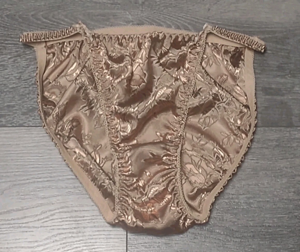 Vtg Satin Panty String Bikini Floral Embossed Bronze Shiny Size Large 7