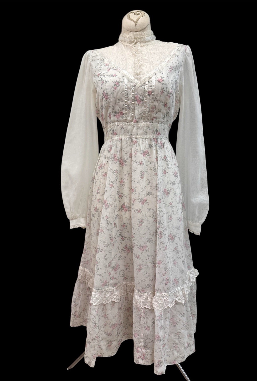 VTG Gunne Sax Cottagecore Floral Romantic Lace Trim Prairie Sheer Sleeves Dress