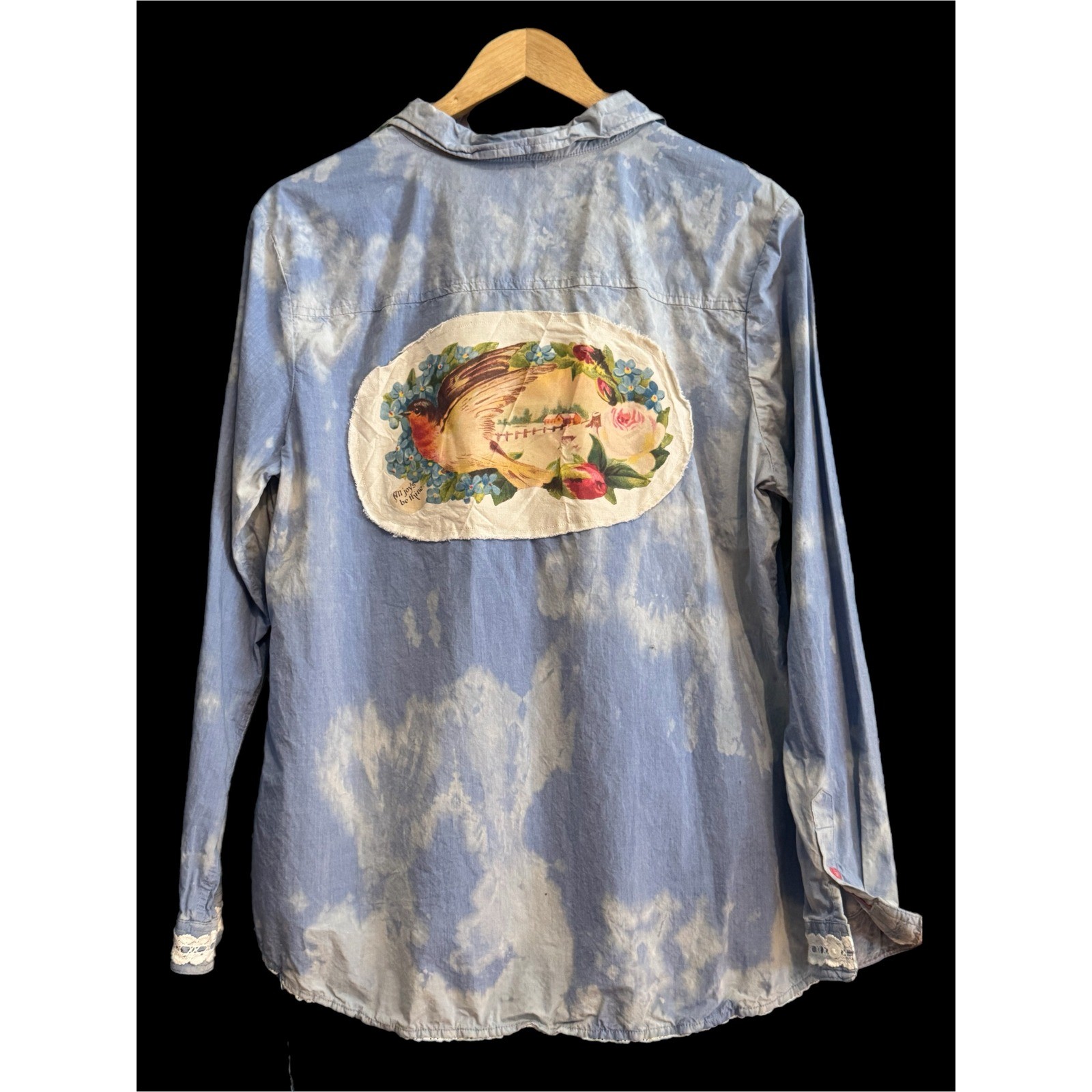 Upcycled Chambray Shirt Bird Patch Cottagecore XL Cotton