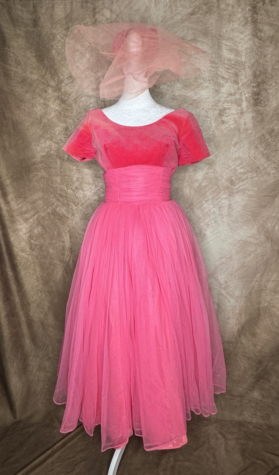 Vintage 50s Pink Velvet Tulle Prom Dress Cupcake Skirt Matching Hat Veil Set S