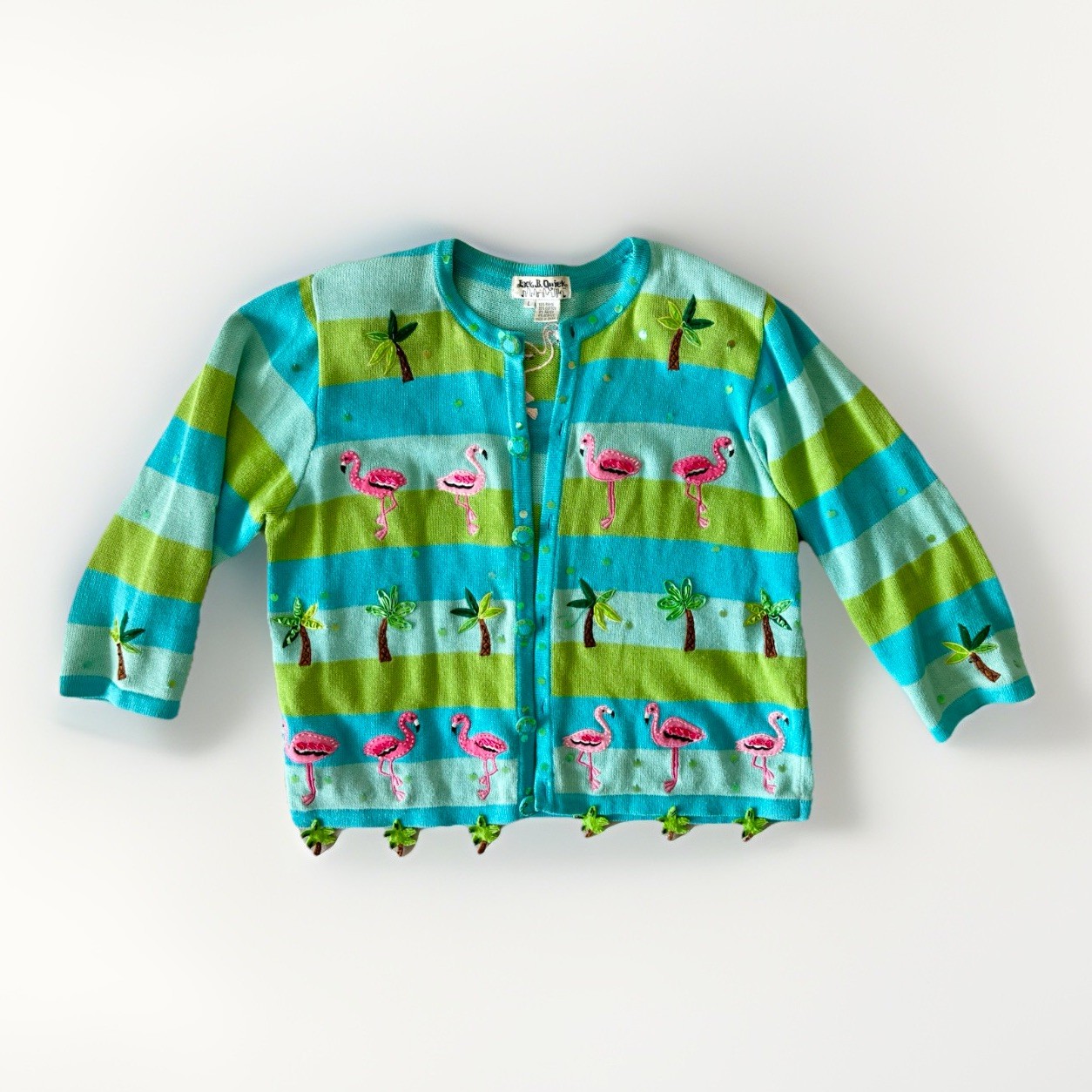 Jack B Quick VTG Sweater Flamingo Palm Trees Embroidery Large Ugly Sweater Party