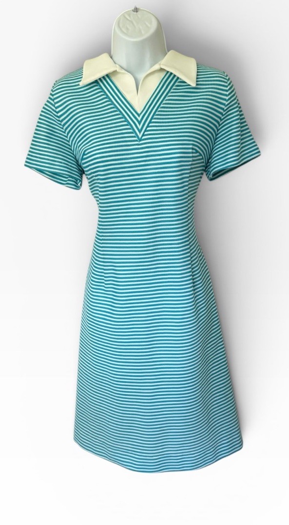 Vtg 70s Mod Wide Collar Striped Knit Dress L Real White Polyester Short Sleeve