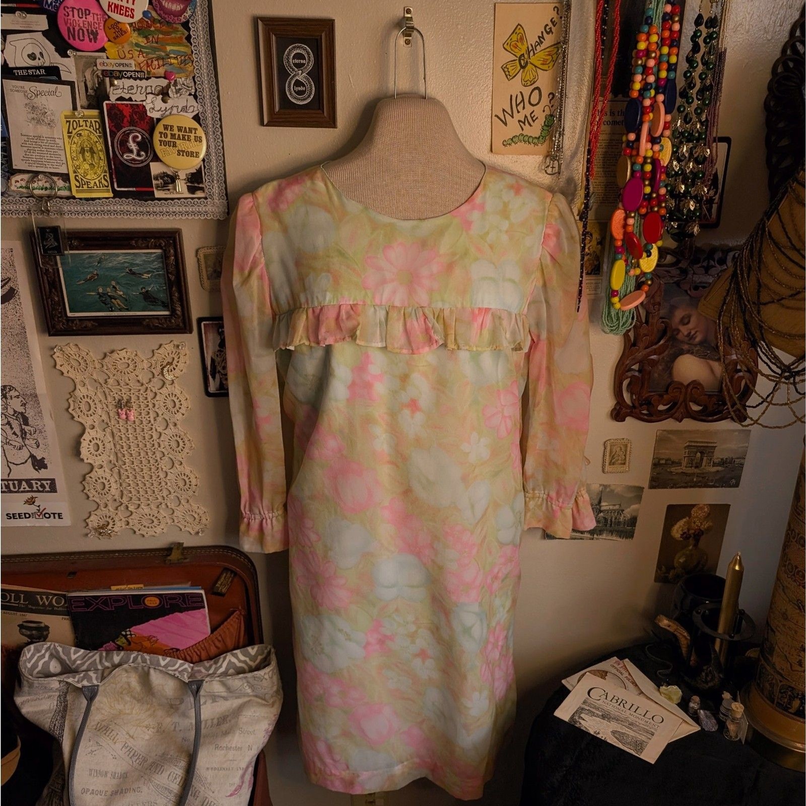 Vintage 60s Floral Print Midi/Mini Dress Women’s Medium Pastel Pink Blue Organza