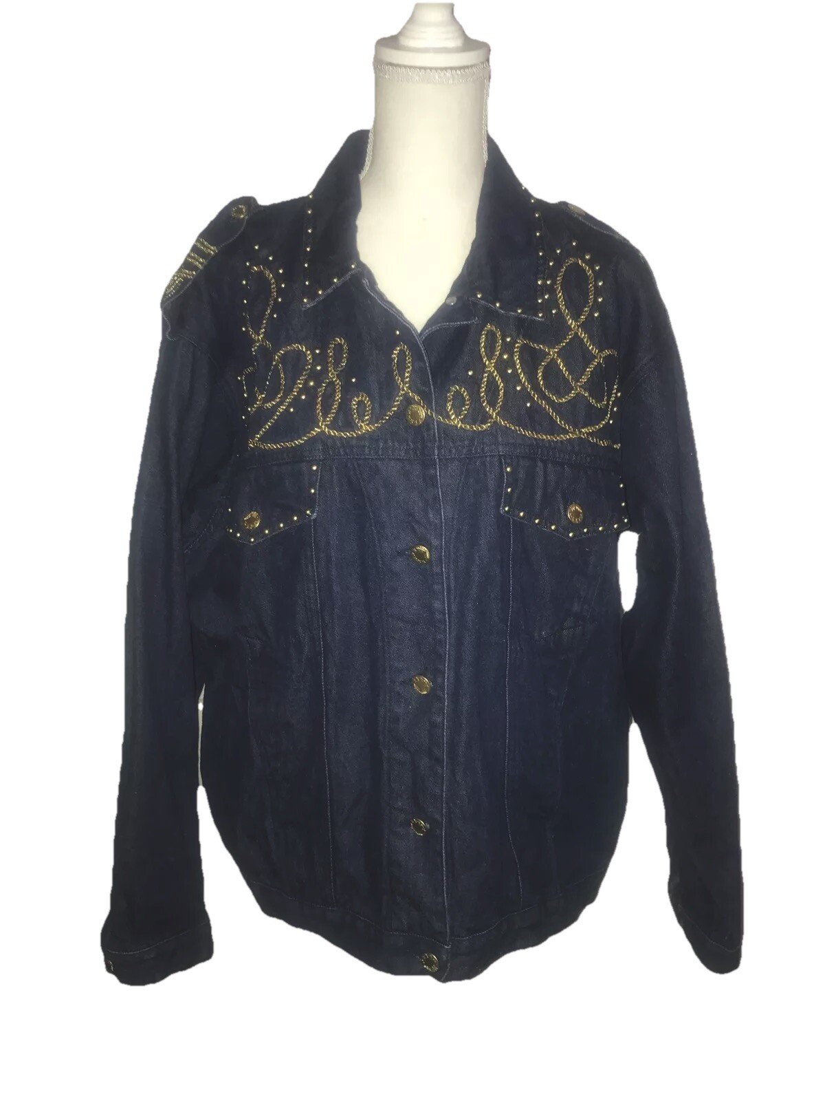 VTG CAROLE LITTLE Jacket Denim Blue Gold Studs/Rope Embroidery Size 14? (READ)