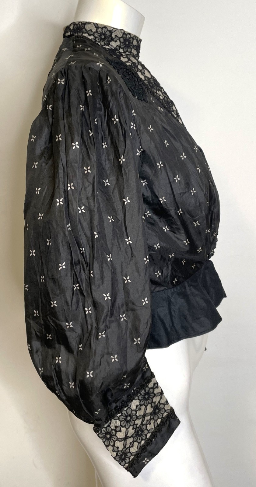 Antique Victorian Black Silk Top Blouse S Bodice Bishop Sleeves Lace Trim Peplum