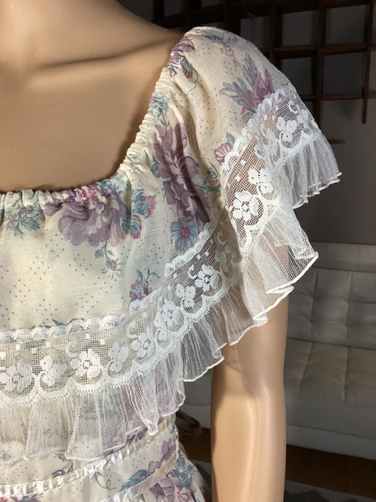 Vintage 70’s Gunne Sax Sheer Floral Calico Lace Hippie Prairie Cottage Dress