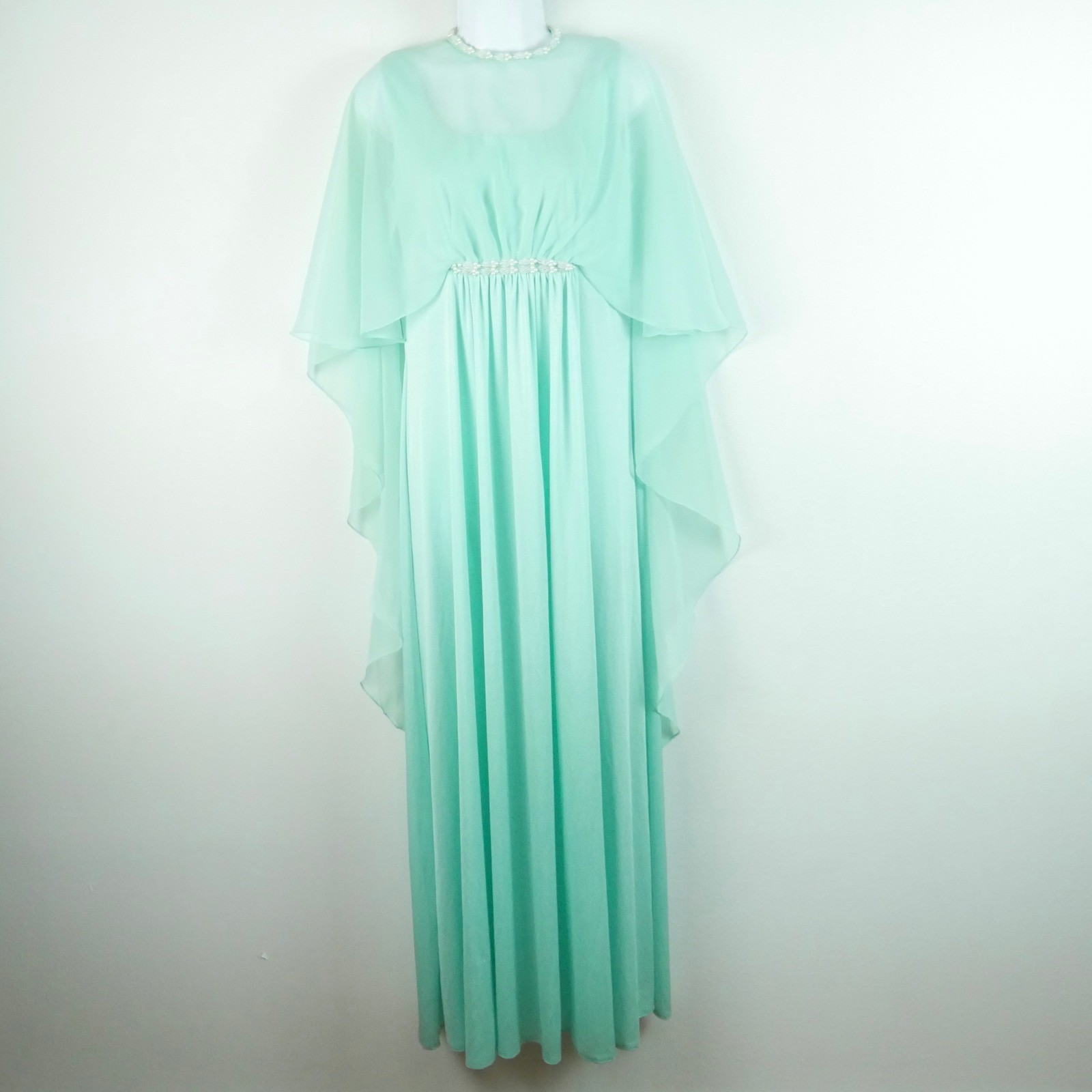 Vintage Emma Domb Mint Green Chiffon Capelet Maxi Dress 70s 60s S Hollywood Glam