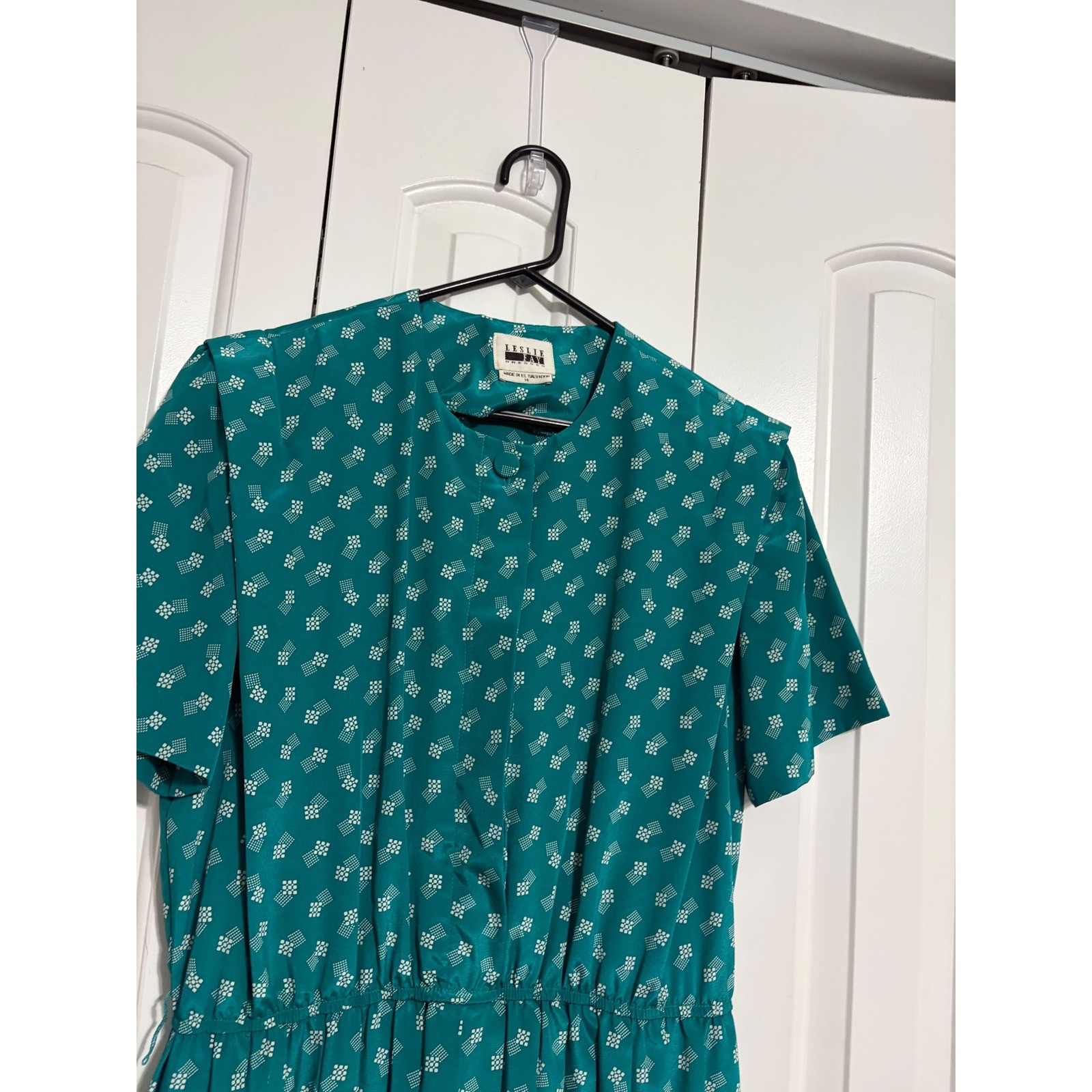 Leslie Fay Dress Vintage 80s Secretary Teal Geometric Pleated Midi Size 14
