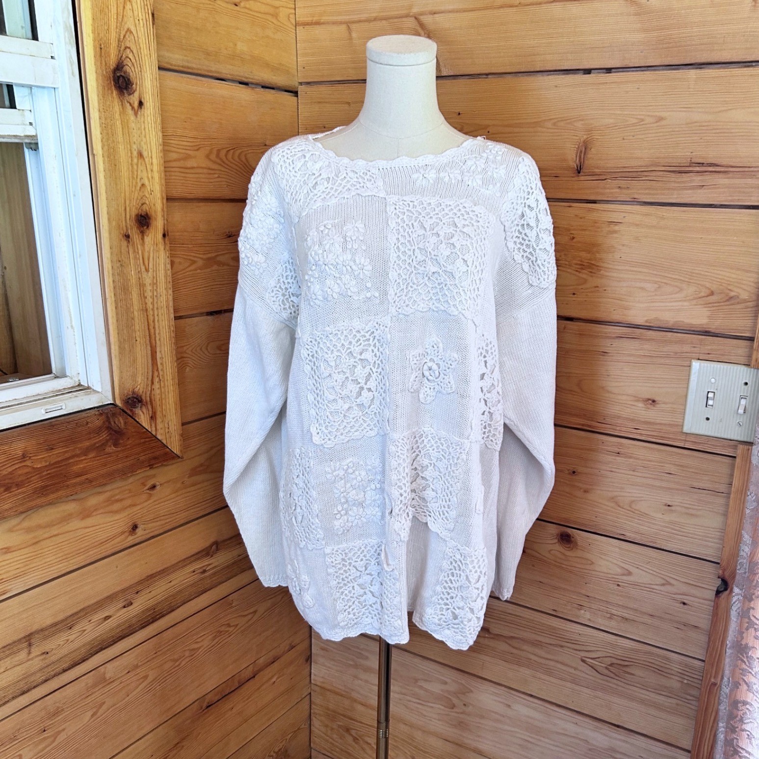 Vintage White Crochet Lace Patchwork Knit Sweater Womens Large Ramie Cotton 90’s