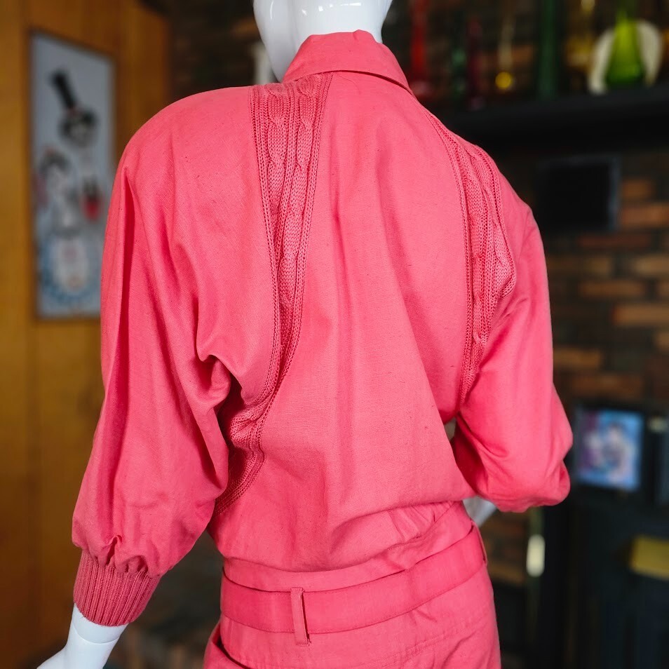 Vtg 80s Lillie Rubin Monochrome Salmon Blouson Pencil Uptown Linen Party Dress S