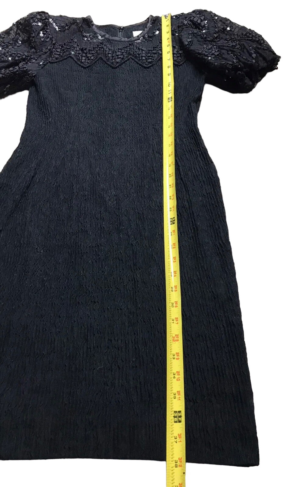 Vintage 80s Leslie Fay Petite Smocked Sequin Black Dress Short Sleeve 4 P Small